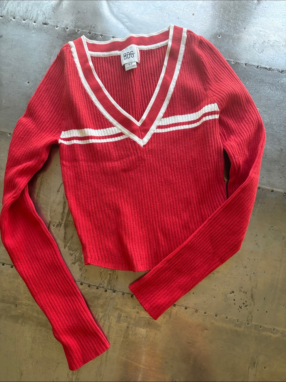 BDG Red Ribbed V-Neck Sweater with White Stripes